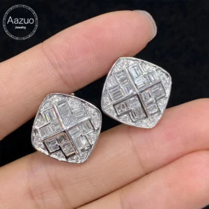 Aazuo High Quality Jewelry18K Pure White Gold Natrual Diamonds Office Style Square Stud Earring Gifted For Woman Birthday Party