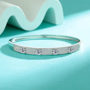 18k White Gold Micro-paved 2ct Moissanite Bangles for Women, Platinum Pt950 High-end Heavy-duty Bracelet Wedding Fine Jewelry