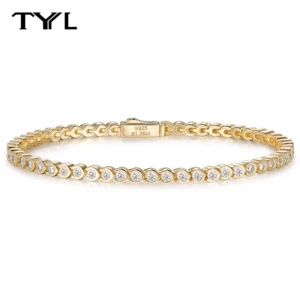 TYYL All 1.8mm Moissanite Tennis Bracelet 925 Silver 18k Gold Plated Round Bezel Diamond Bubble Thin Chain Women's Gifts Jewelry