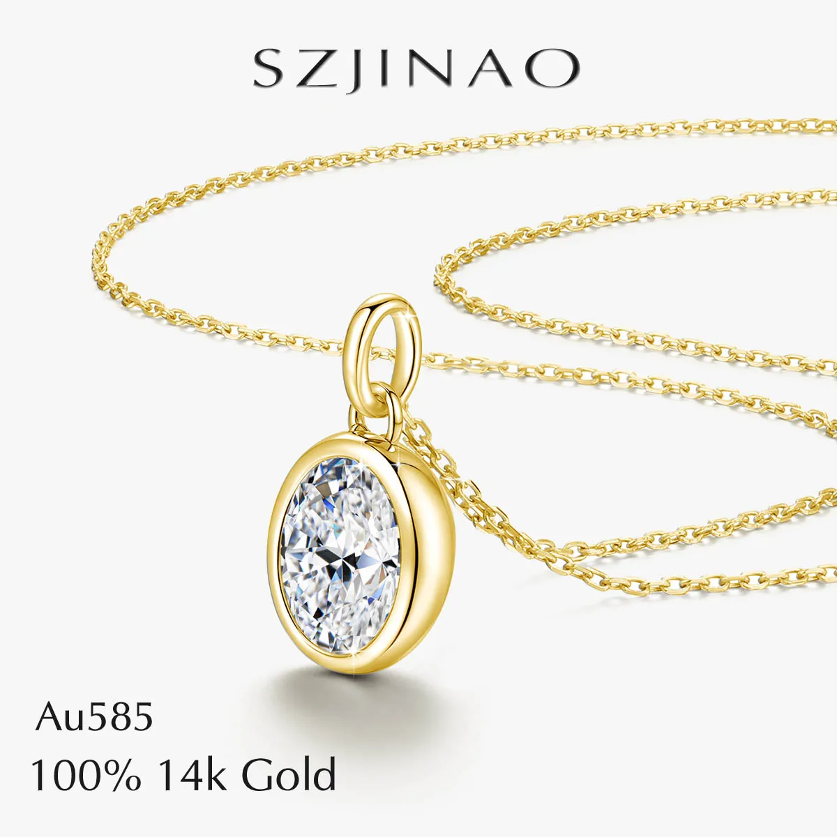 Real 14K Gold Oval Shape GRA Moissanite Solitaire Necklace Pendant Brilliant Cut for Women Collarbone Chain Engagement Jewelry