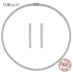 YLMyself-Conjunto de pendientes y collar de tenis de Plata de Ley 925, joyería nupcial de circón de 3mm para boda, 41-60cm