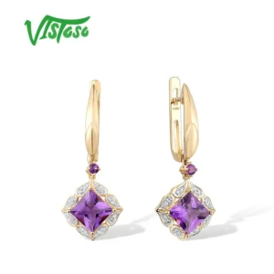 VISTOSO-pendientes de oro amarillo 585 de 14 quilates con amatista para mujer, aretes elegantes con diamantes brillantes, joyería fina para aniversario de boda