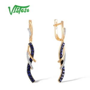 VISTOSO pendientes de oro para mujer auténtico 14K 585 oro rosa diamante brillante zafiro azul brillante pendientes colgantes joyería fina