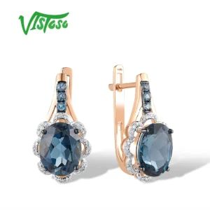 VISTOSO-pendientes de oro rosa 585 de 14 quilates para mujer, aretes con Topacio Azul, Diamante brillante, Londres, fiesta, boda