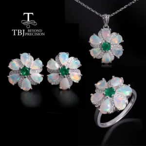 Conjunto de Joyería de Ópalo Natural y Ágata Verde para Mujer, Plata de Ley S925, Collar con Colgante de Piedras Preciosas Reales, Pendientes y Anillo, Regalo Trifecta