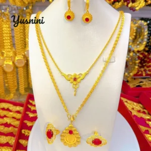 Moda África Dubai 24K chapado en oro collar personalizado pendientes anillos regalos de fiesta de boda conjunto de joyería para amantes DD10991