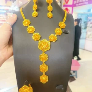 Popodion-collar de flores chapado en oro de 24K para mujer, conjunto de joyas de moda, anillo, pendientes, cuatro YY10291