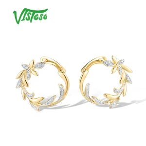 VISTOSO-pendientes de oro amarillo auténtico de 14K 585 para mujer, diamantes brillantes, exquisitos joyería fina de moda para aniversario de boda