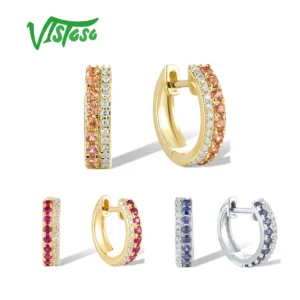 VISTOSO pendientes de bucle de oro blanco puro 14K 585 para mujer, rubí clásico brillante, naranja/azul, zafiro, joyería fina Popular Huggie