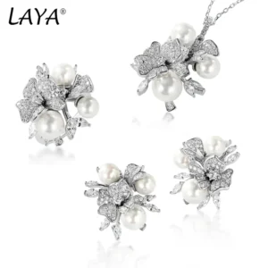 LAYA-Conjunto de pendientes de plata de ley 925 para mujer, joyería de lujo con conchas de circonita brillantes, pendientes de perlas, anillo y collar, para boda, tendencia 2022