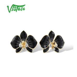 VISTOSO Real 14K 585 pendientes de oro amarillo para mujer diamantes brillantes flor de esmalte negro delicado regalo de fiesta joyería fina