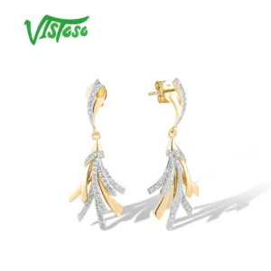 VISTOSO-pendientes de tuerca de oro amarillo puro de 14K 585 para mujer, estilo borla de diamante brillante, joyería fina moderna para aniversario de boda
