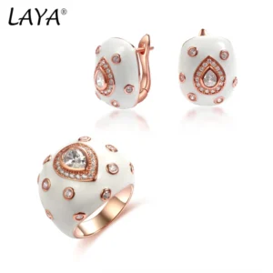 Laya-Conjunto de anillos de plata de ley 925 para mujer, juego de pendientes de Clip de esmalte azul, cristal sintético de circón brillante, estilo Retro