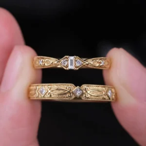 Anillos de pareja de oro de 18K/14K/9K con textura de estilo antiguo de diseñador hechos a mano, alianzas de boda/compromiso de lujo atemporales